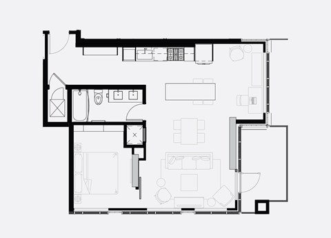 Floor plan for 1 bed, 1 bath, 775 sqft